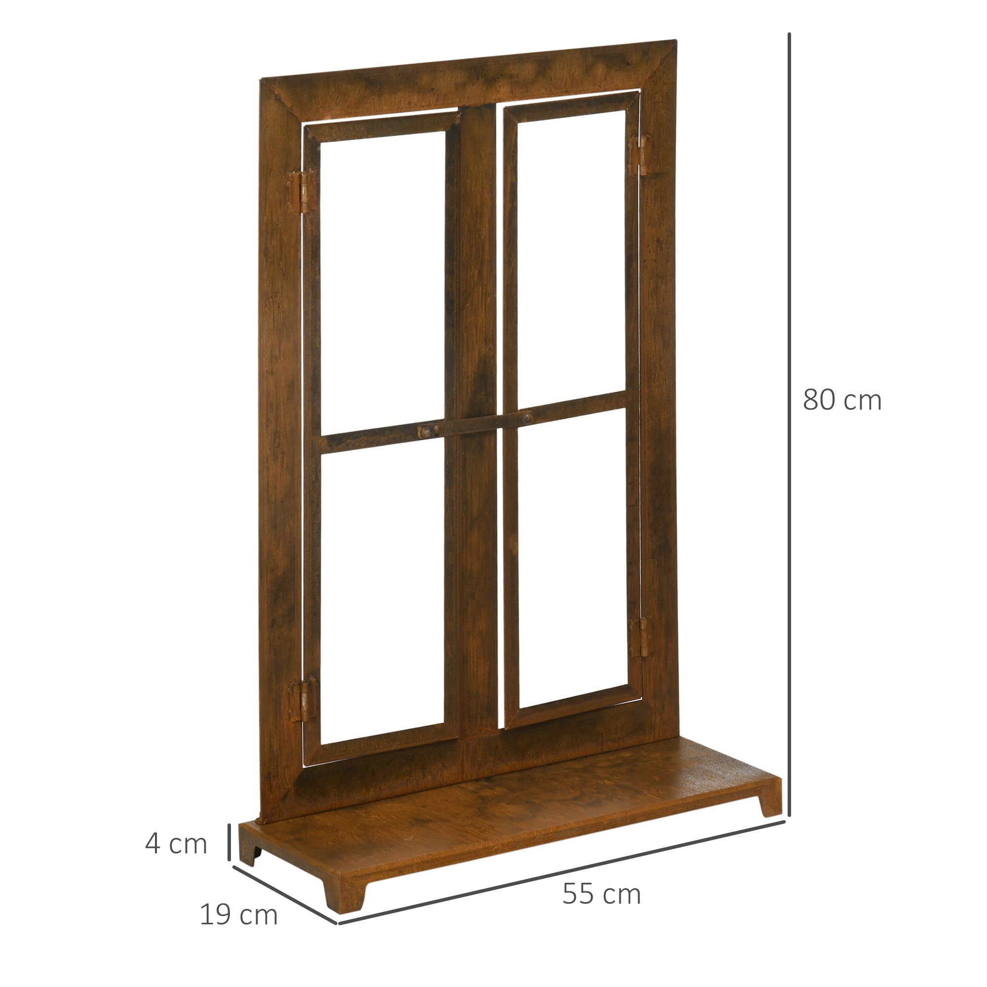 Outsunny Eisenfenster, Edelrost Sprossenfenster, 55 x 80 cm Fensterrahmen mit Schwelle und Riegel, Gartendekoration für Balkon, Terrasse, Rustikal-Braun