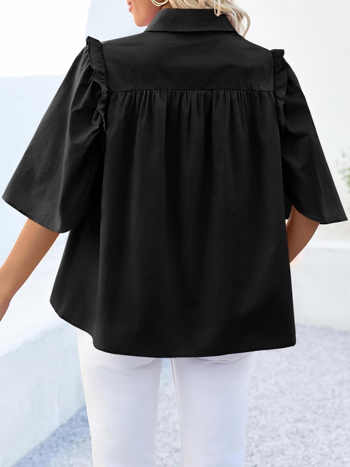 Cicy Bell Womens Summer Button Down Shirts Short Ruffle Puff Sleeve Cotton Blouses Dressy Casual Ladies Tops - Image 4