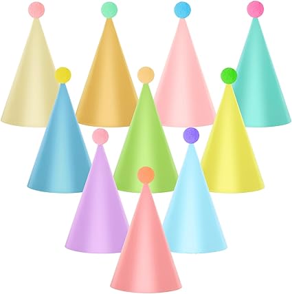 Hooqict 10 PCS Pastel Party Hats for Kids and Adults Birthday Party Cone Hats with Pom Poms Headwear for Boys Girls Stuffed Animals Pastel Rainbow Birthday Party Decorations