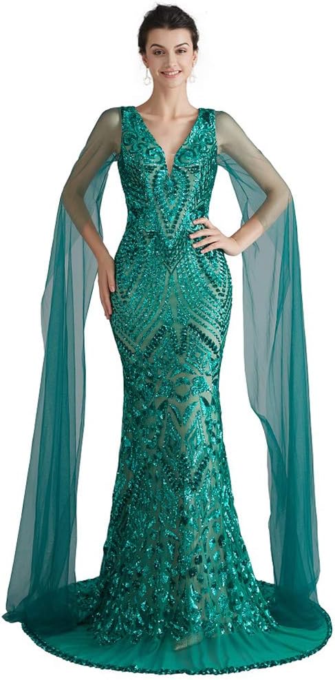 Sparkly Sequin Prom Gown Celebrity Gala Pageant Mermaid Evening Dress with Sheer Sleeves