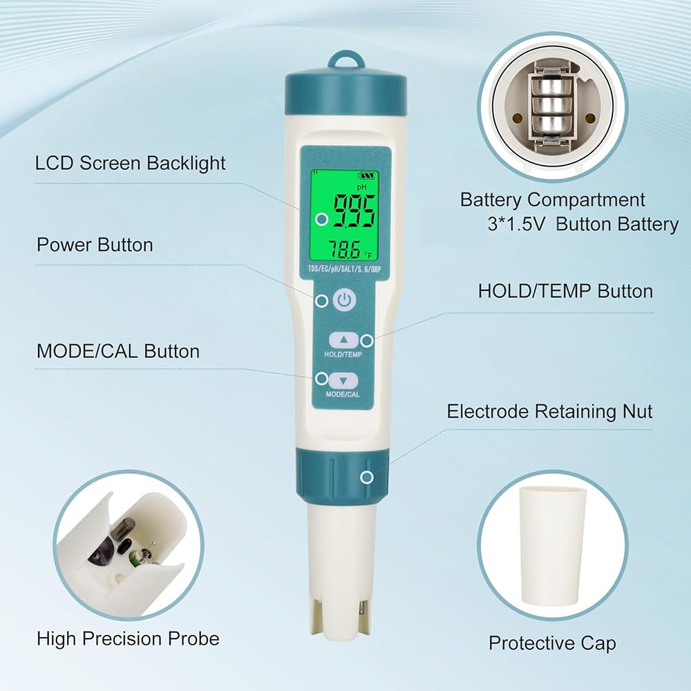 Medidor De Calidad del Agua TDS, 7 En 1 PH TDS Temperatura EC Salinidad SG ORP Medición, Garantiza Una Calidad del Agua Saludable, Pantalla LCD con Retroiluminación, para Piscinas
