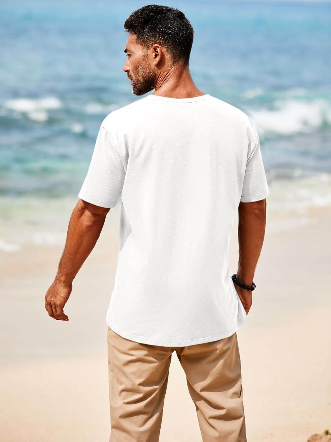 Runcati Mens Casual T Shirts Short Sleeve V Neck Linen Henley Shirt Button Basic Fashion Summer Beach Tee Tops - Image 4