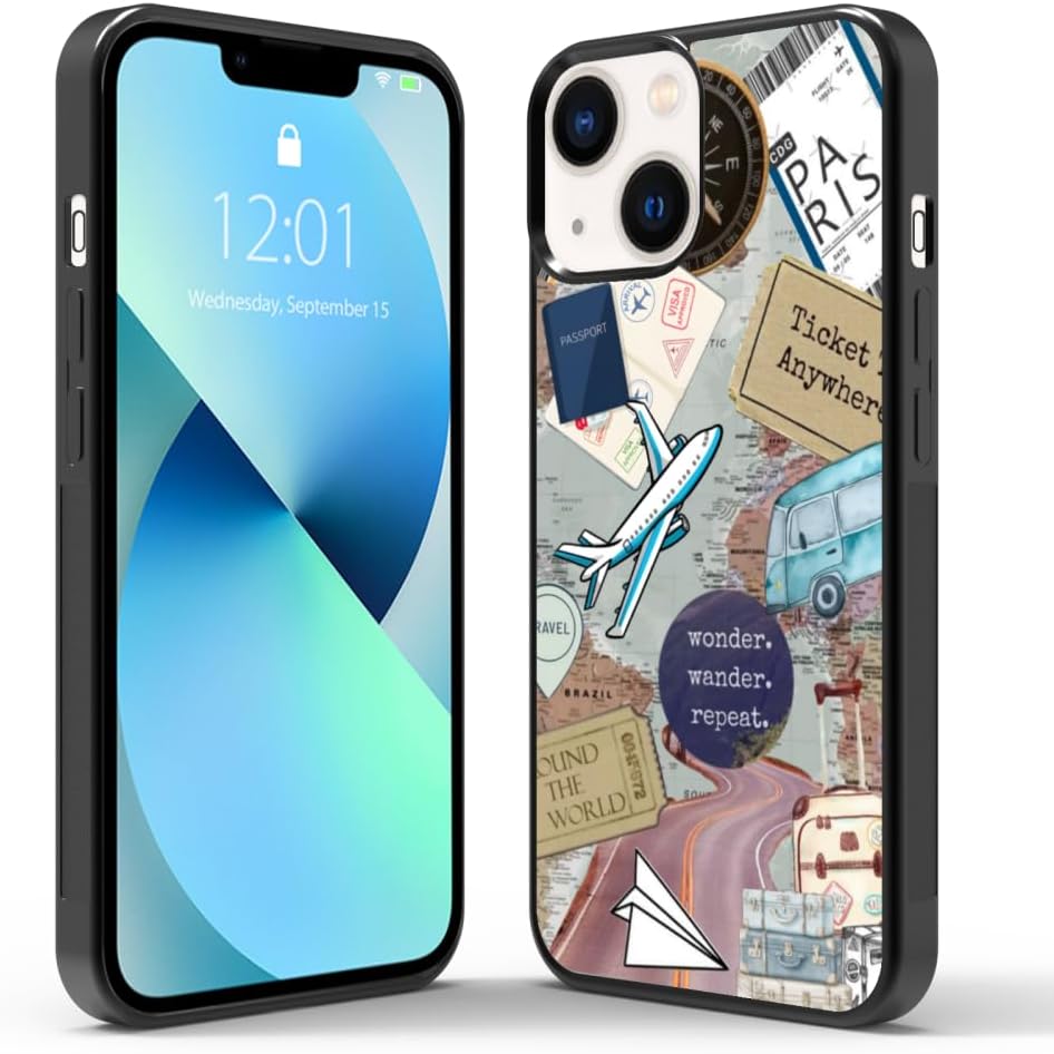 Travel Adventure Collage Phone Case Compatible with iPhone 16 15 14 13 12 11 XR Pro Max Mini - Travel Elements World Map Airplane Design Protective Cover for Men Women Girls Blue