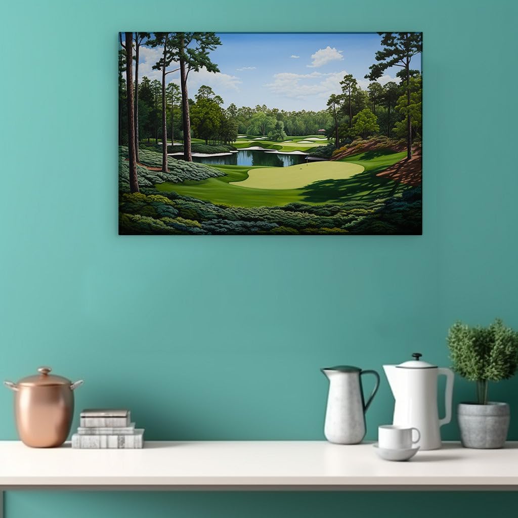 Canvas for Living room. Sunlit Serenity at Augusta National's Iconic 12th Hole, 27 x 18 inch Canvas Wall Art - Contemporary Masterpieces - Modern Home Decor
