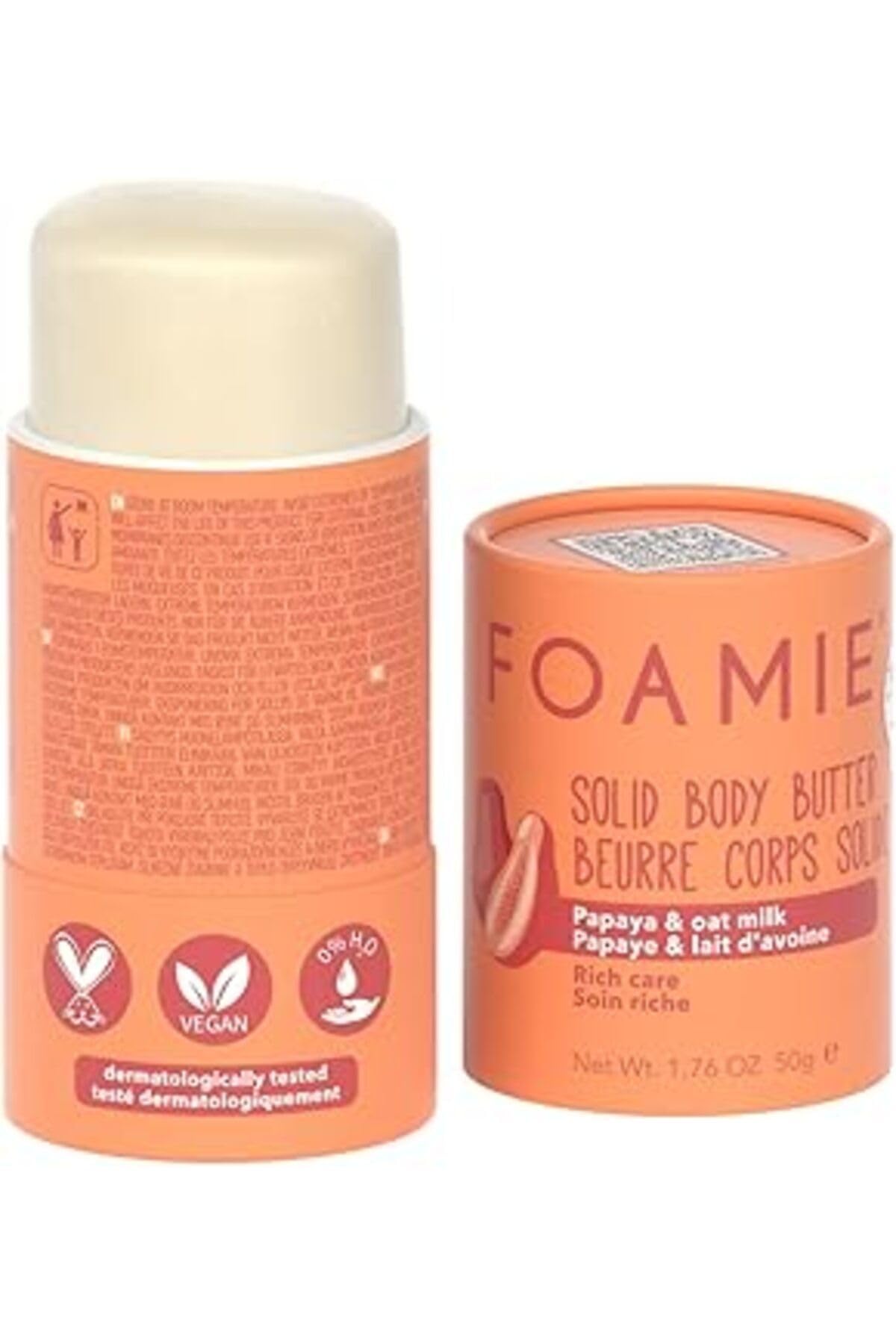 Papaya & Oat Milk Rich Care Solid Body Butter. Plastic-Free, pH-Balanced, Soap-Free, No Sulphates or Parabens. Made in the UK.