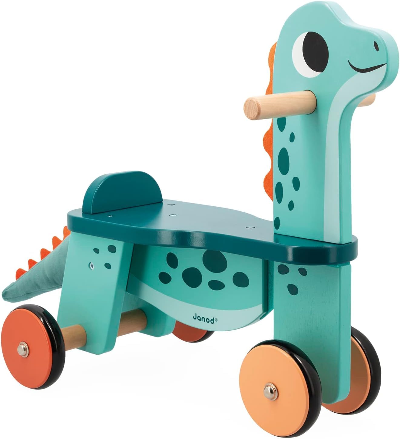 Janod - Cavalcabile Dinosauro Portosauro - Altezza Sedile 21 cm - Coda Peluche Removibile - Giocattolo Multisensoriale Legno FSC - dai 12 Mesi, J05828
