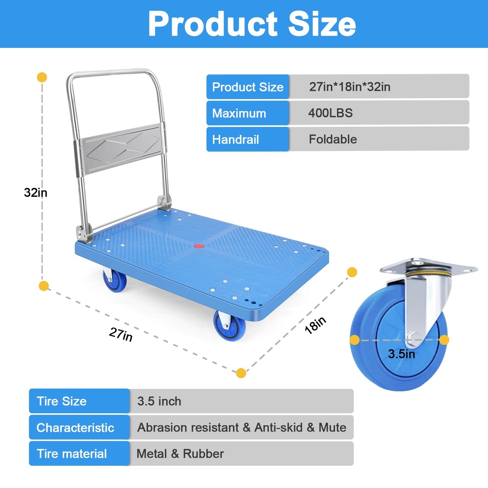 Carretillas manuales Plegables de Plataforma Camiones de Plataforma, Carrito, Plegable Acero Gran Capacidad for Trabajo Pesado, Grande(Blue)
