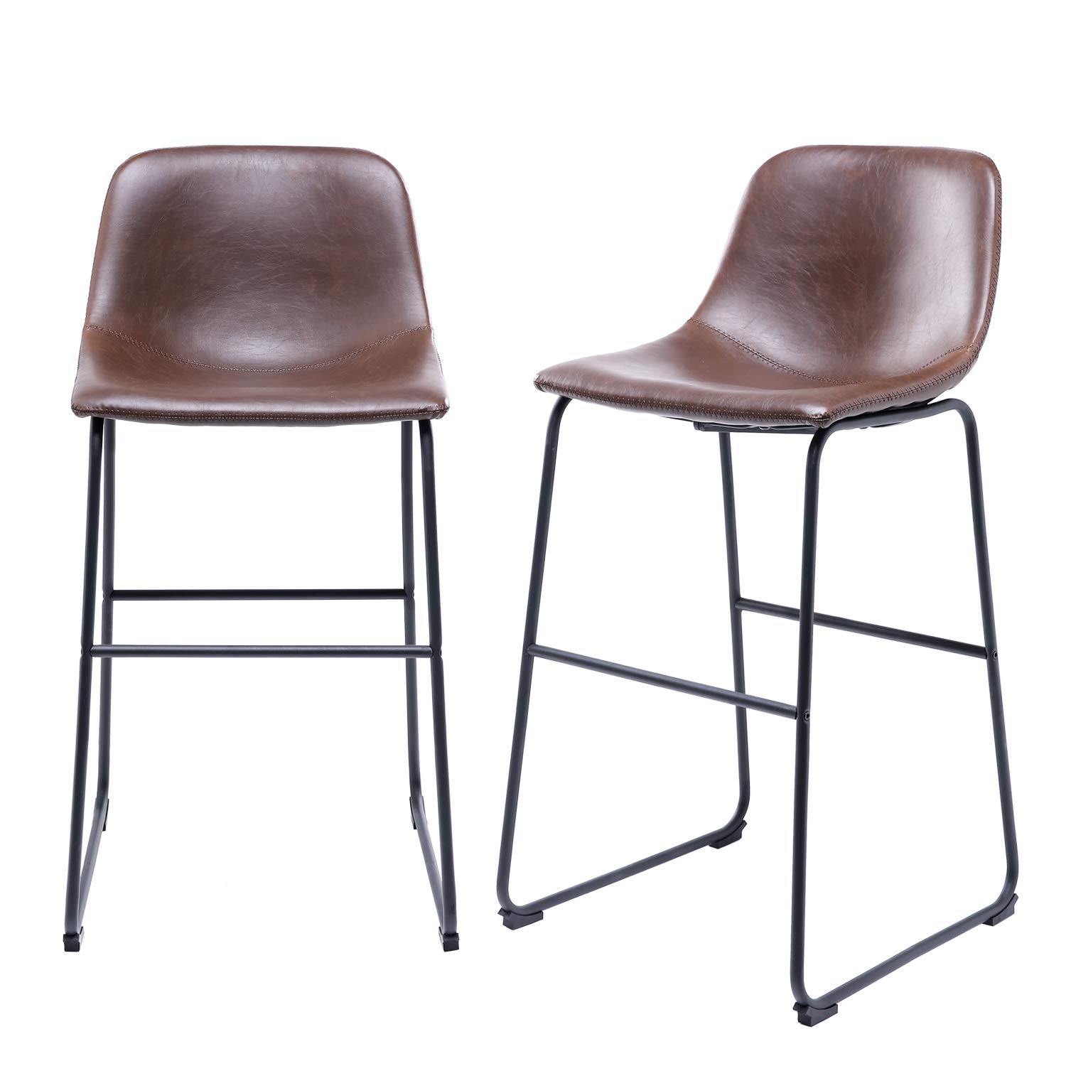 PU Leather Bar Stools with Back and Footrest Set of 2 Brown Modern Bar Stool Chair Height for