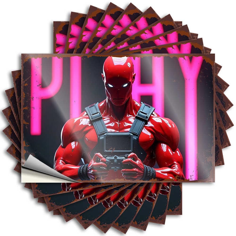Tattoos Fire, Interesting Window Robotic Hero in Red Armor with Neon Background | Bath Decor(6X9CM)