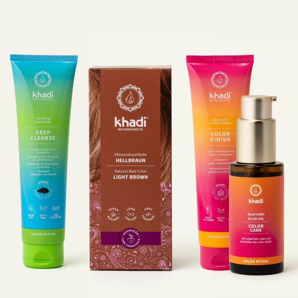 Kit complet khadi ColorCycle CHÂTAIN CLAIR Coloration de cheveux naturelle + DEEP CLEANSE Shampooing clarifiant + COLOR FINISH Après-shampooing après coloration + COLOR CARE Huile capillaire Ayurvédiq