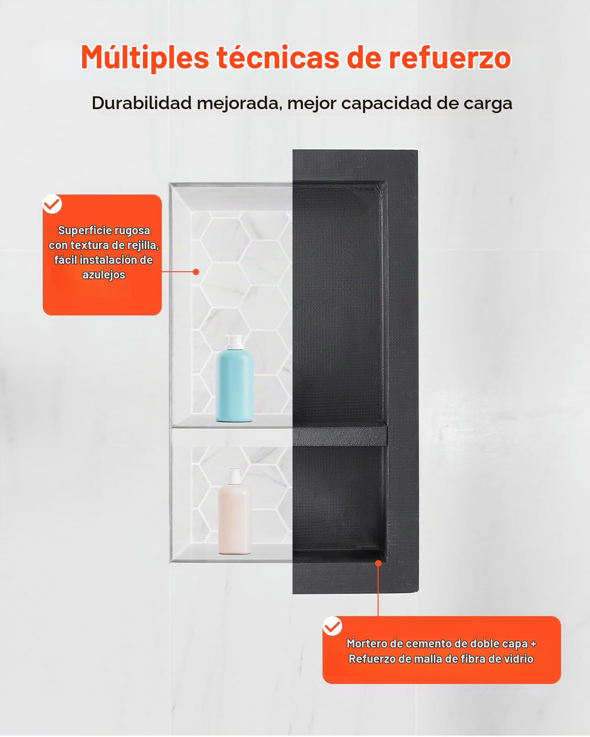 VEVOR Nicho de Ducha Empotrado 40,6 x 71,1 x 10,2 cm Estante Divisor de Pared para Baño Organizador para Jabón y Champú, Esquinas Cuadradas Diseño Impermeable y Sellado para Ducha de Baño, Negro