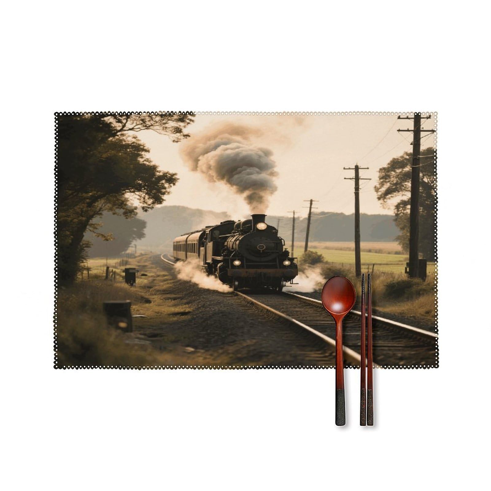 Steam Train Placemats Set of 6 Non-Slip Stain Resistant Indoor Outdoor Table Mat Washable Cloth Place Mat Fashion Kitchen Placemat for Dining Table Decoration 17.7x11.8 in