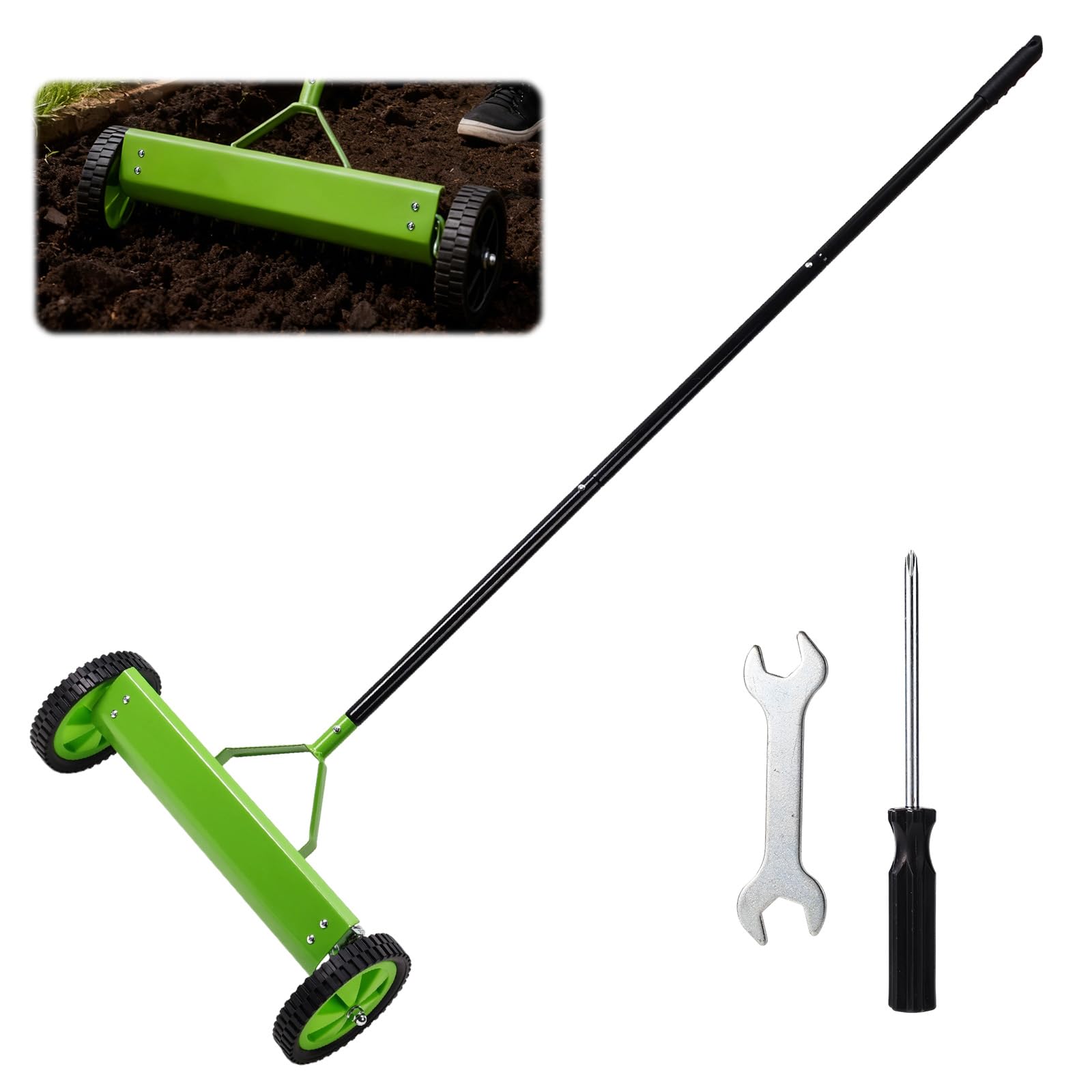 Rastrillo Escarificador de Césped Resistente, Multifuncional Rastrillo para Césped con Ruedas para Eliminar Residuos y Mantener el Jardín
