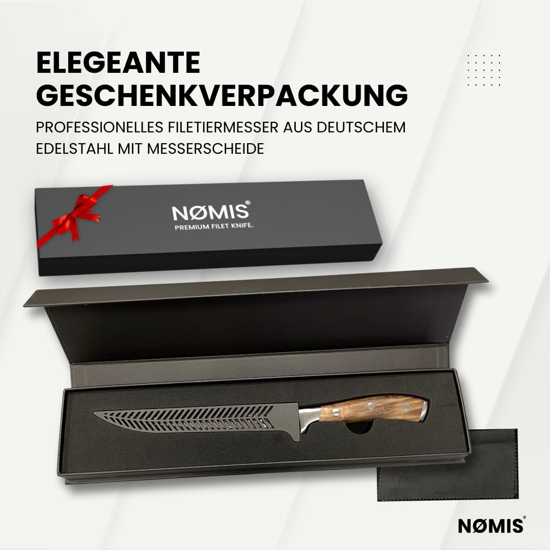NØMIS Premium Filetiermesser Fisch | Filitiermesser scharf Fisch | Fischmesser | 18,5 cm Klinge aus Deutschem Edelstahl | Ausbeinmesser Profi für Fisch und Fleisch | Griff aus Zebraholz