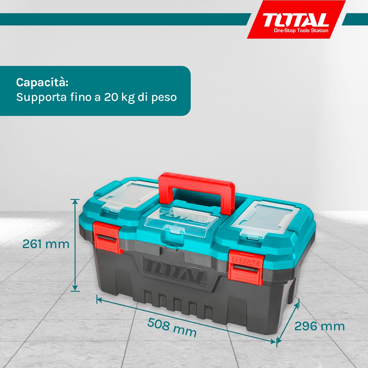 TOTAL - Organizer per Attrezzi 20 kg - Scatola in Plastica con Vassoio Estraibile e Coperchio Superiore - 3 Aree di Stoccaggio e Funzione Scala - Dimensioni 508x296x261 mm