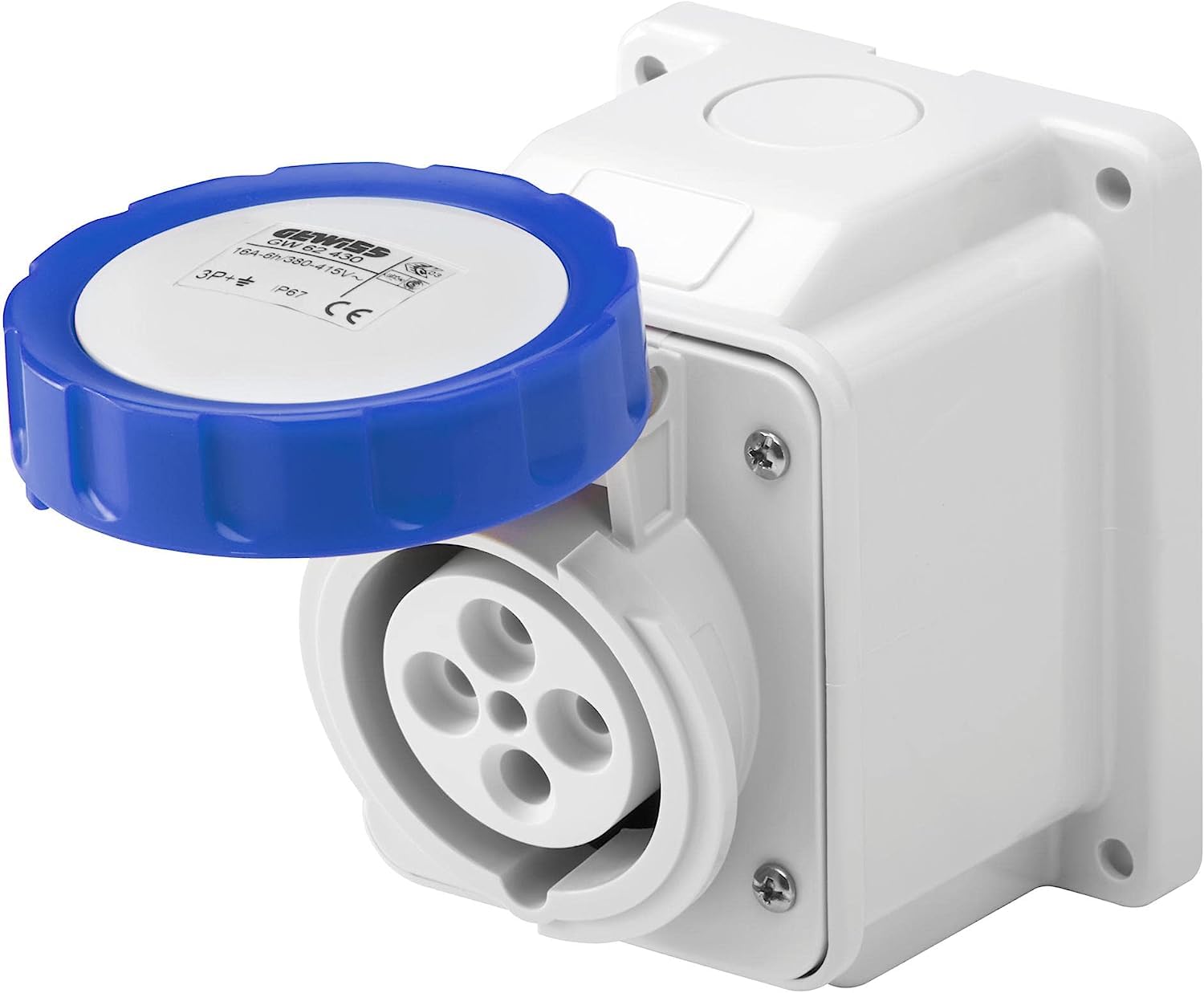 Gewiss GW62404 Low Voltage Screw Wiring 10 Degree Angled Surface-Mounting Socket-Outlet, IP44, 6 Reference, 2P+E Pole, 200V-250V, 16 A, 50 Hz/60 Hz, Blue