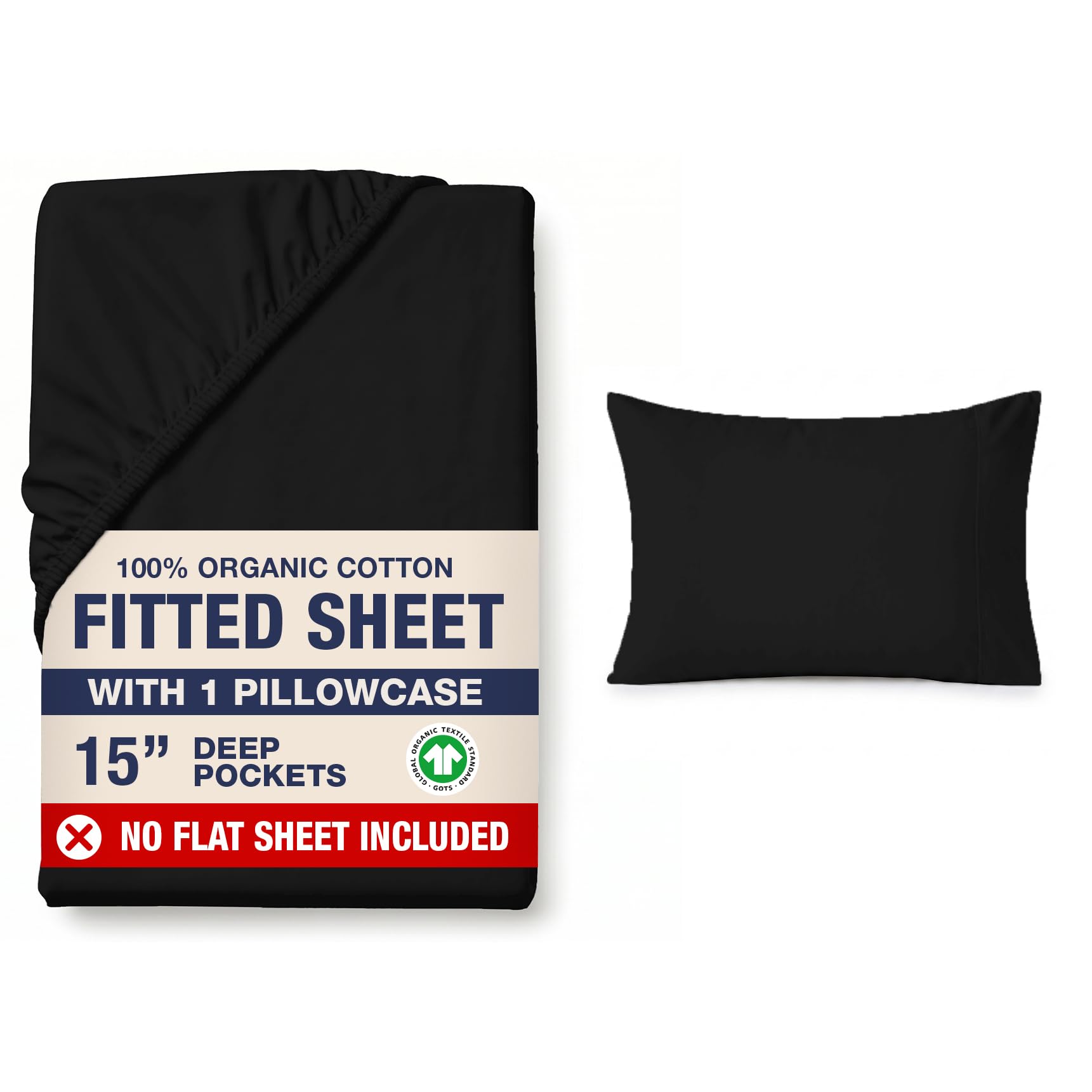 LANE LINEN 100% Organic Cotton Fitted Sheet Single – Soft & Breathable Bottom Sheet with 1 Pillowcase, 35cm Extra Deep Pocket, All-Round Elastic for Snug Fit - Black