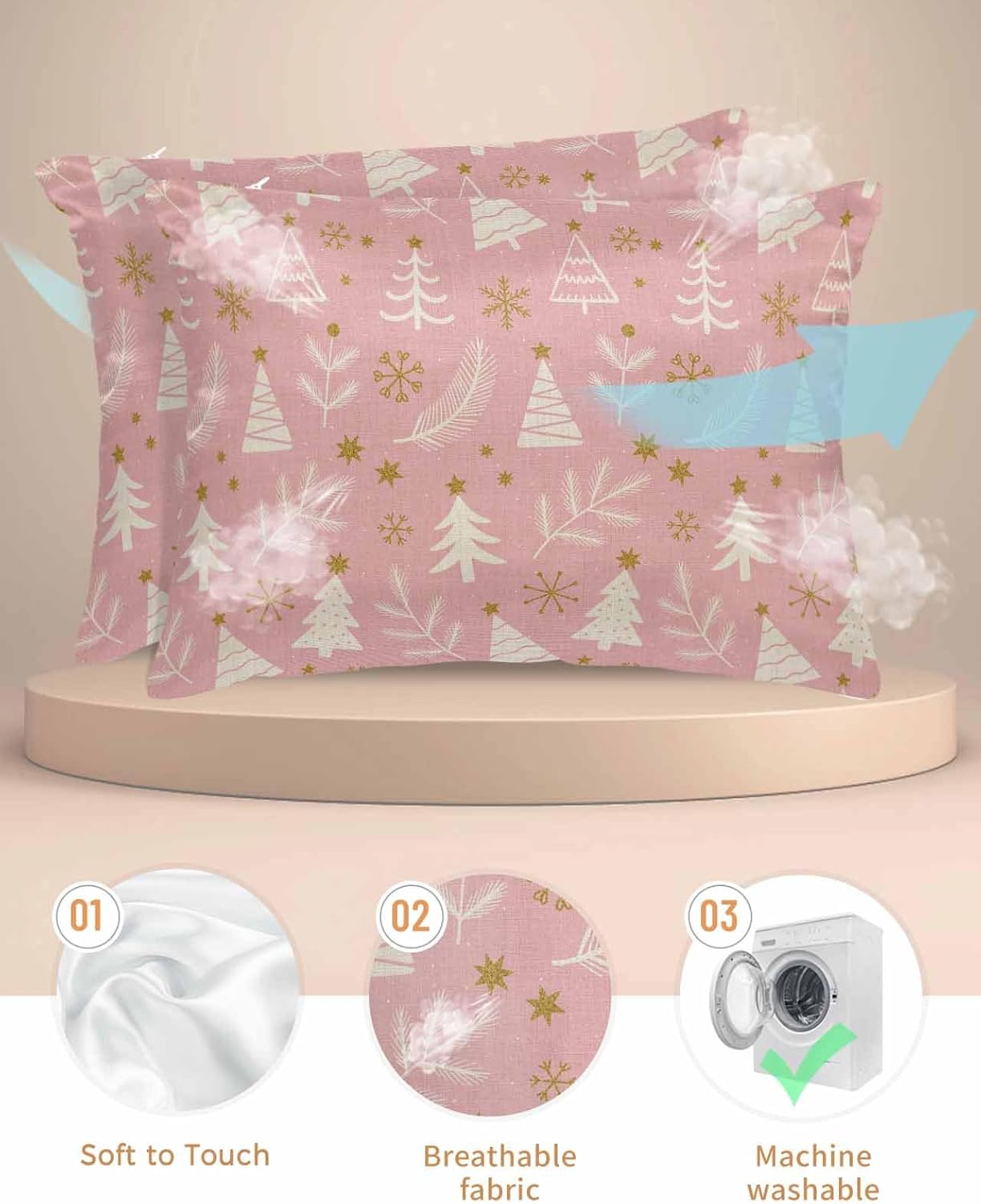 Christmas Tree King Size Pillow Cases Set of 2, Winter Xmas Pine Leaf Snowflake Pink Satin Pillowcase with Zipper for Hair/Skin, Decorative Pillow Covers for Bed/Couch/Sofa, 20x36 Inches