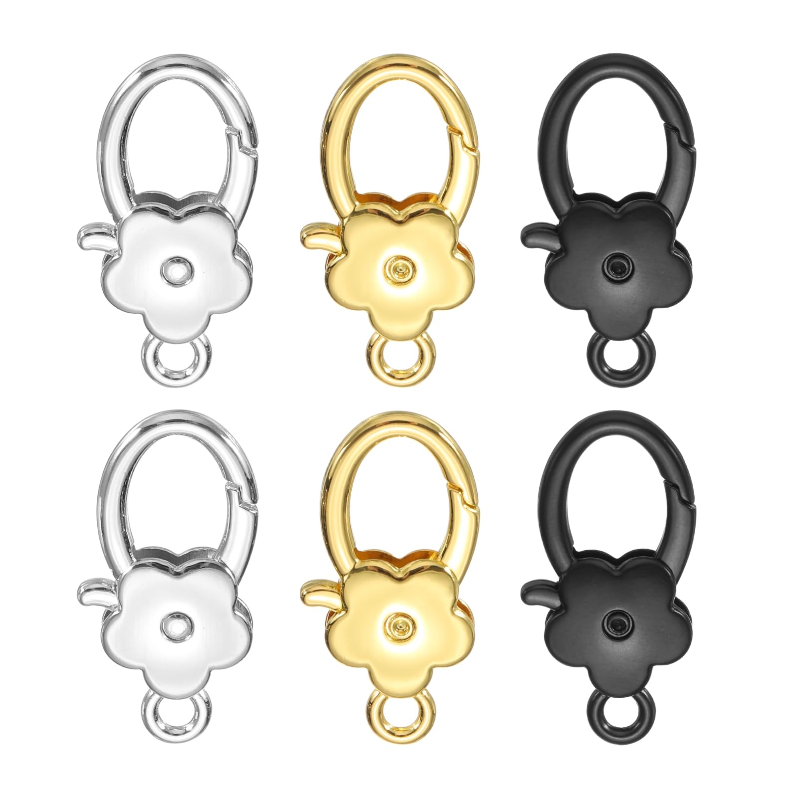 sourcing map 6 Pcs Flower Lobster Claw Clasps, Metal Snap Hook Keychain Clips for Keychains Making, DIY Craft, Bag Charm, K Gold/Matte Silver/Black