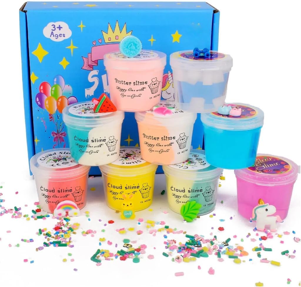 9 Pack Slime Kit Box Including Butter Clear Cloud Slime for Girls Boys, Party Favors Non-Sticky Stress Relief DIY Toy for Kids