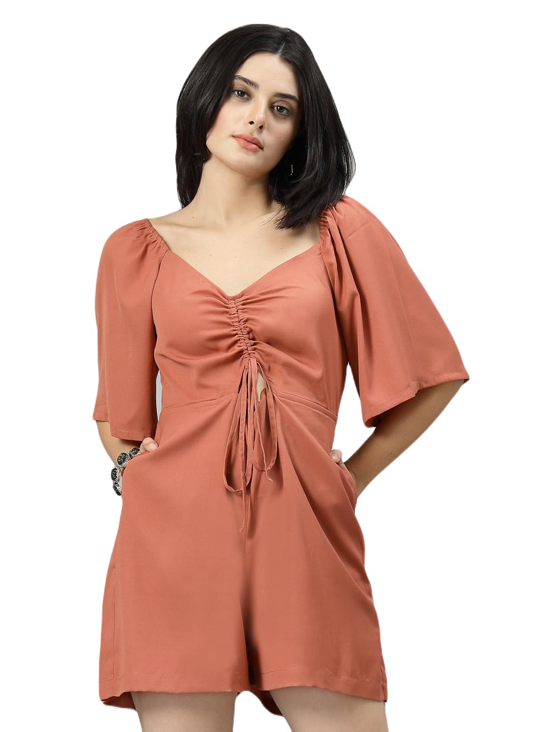 Women Pink Half Sleeves Sweetheart Neck Solid Jumpsuit-image-41