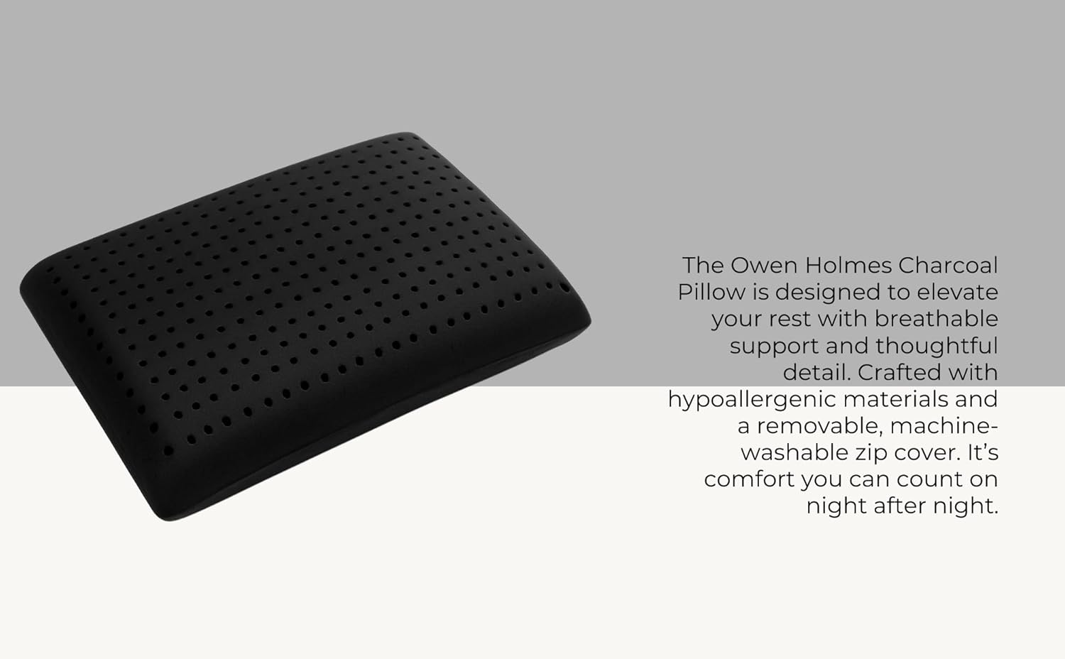 Owen Holmes Charcoal Infused Memory Foam Pillow for Breathable Support & Pressure Relief – Ventilated Airflow Holes, Plush Responsive Foam, Hypoallergenic & Washable Cover, Queen