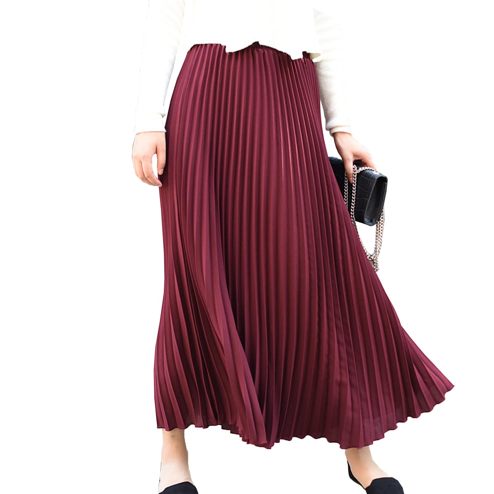 Yishengwan Women's Wine Red Long Skirts Elastic Waist Pleated Skirt Party Midi Flowy Skirts M