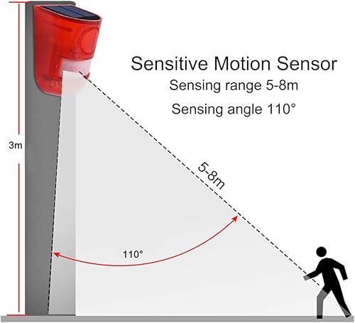 Miniatura 5 de Alarma solar con sonido y luz, sirena con sensor de movimiento y sonido de alerta de 110 decibelios, sistema de alarma de seguridad con flash de