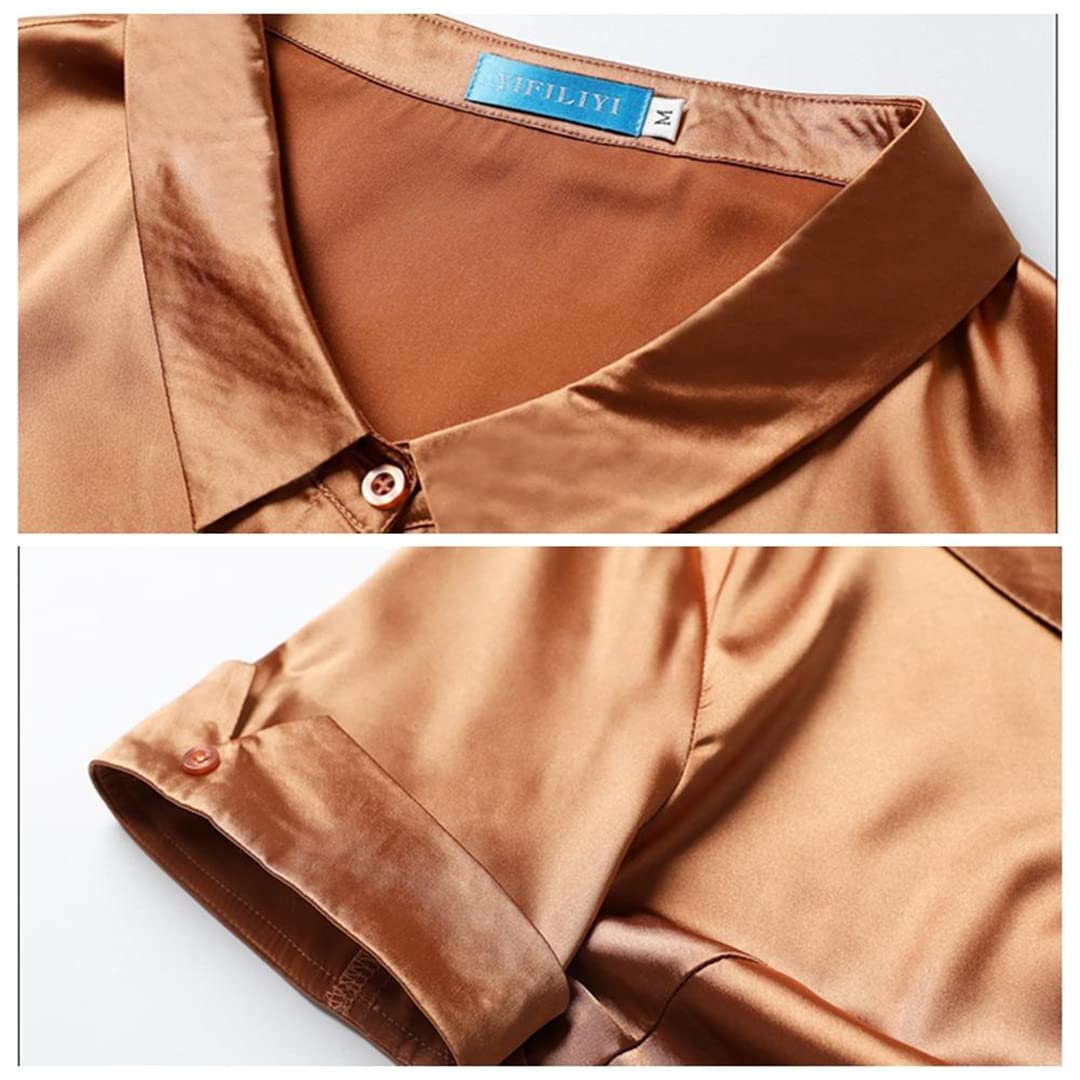 Camisa con Botones para Mujer, Manga Corta, Cuello en V, Blusa de Negocios para el Camisas de Seda Satinada