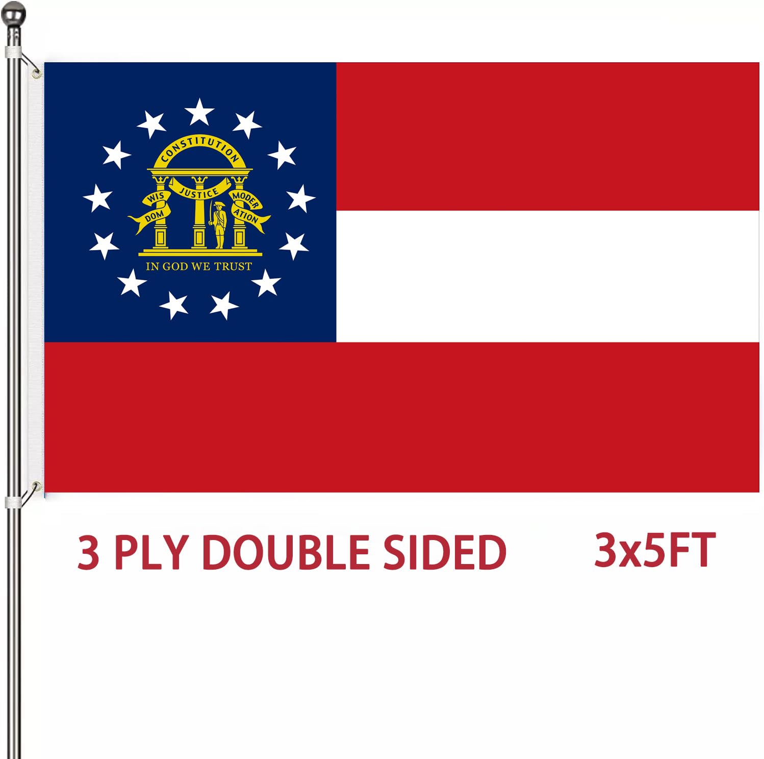 Yamizar Georgia State Flag Heavy Duty double sided 3 Ply 3x5 Feet GA State Flags with Brass Grommets, Fade-Resistant for Home, College Dorm Decor,