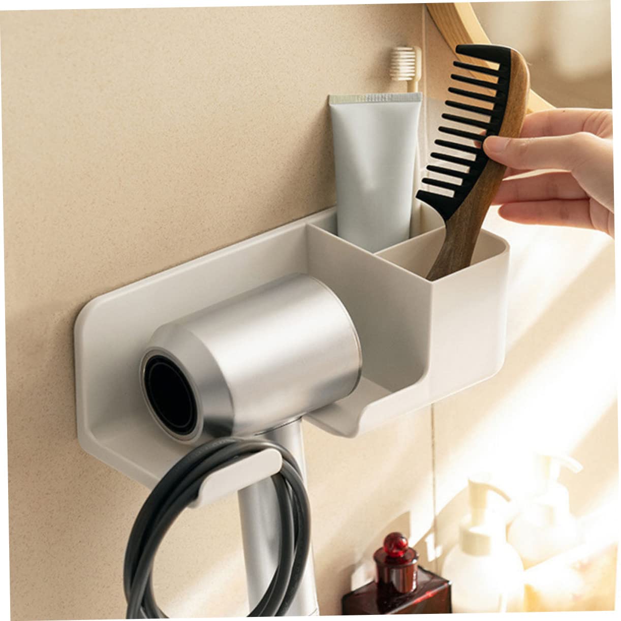 Healeved 1 Set Hair Dryer Storage Rack Wall Mount Hair Dryer Self-adhesive Hair Dryer Holder Hair Blow Dryer Rack Hair Curler Holder Tools Hairdryer Hair Straightener Shelf White The Hips