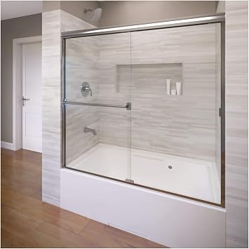 Basco Shower Door Classic Semi-Frameless Sliding Tub Door, 56-60 in. W x 57 in. H, 3/16 in. Clear Tempered Glass, Chrome