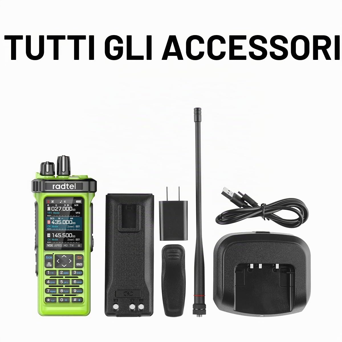 Radtel RT-950 PRO Radio amatoriale TX GPS/APRS, walkie-talkie da 10 W, radio bidirezionale portatile a lungo raggio, AM/FM/CB/SW/MW/LW RX, verde (con cavo di programmazione)