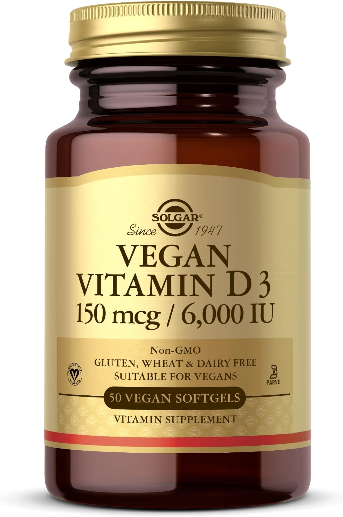 Solgar Vegan Vitamin D3 (Cholecalciferol) 150 mcg (6000 IU) - 50 Softgels - Immune Support, Helps Maintain Healthy Bones & Teeth - Non-GMO, Certified Vegan, Gluten & Dairy Free - 50 Servings