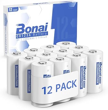 BONAI CR123A 3V Lithium Battery, 1500mAh High Capacity CR123 CR17345 Batteries for Smart Home Sensors, Flashlights & Security Systems, 10-Year Shelf Life, Non-Rechargeable 12 Pack