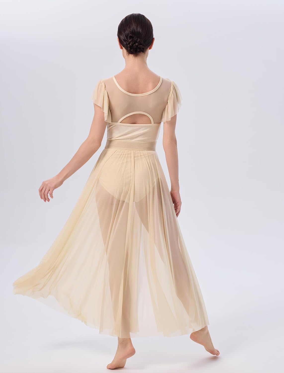 AFAVOM Lyrical Dance Costume for Women Mesh Ruffle Cutout Lyrical Dress Flowy Tulle Skirt Contemporary Dance Costumes XS-XL