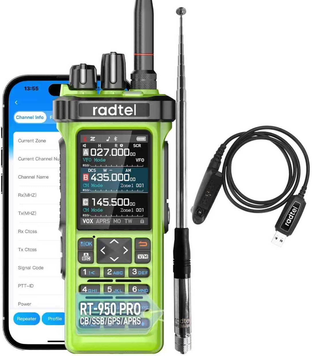 Radtel RT-950 Pro Ham Radio 10W Walkie Talkie Long Range Handheld Two Way Radio, GPS/APRS, Wireless Bluetooth Programming, AM/FM/CB/SW/MW/LW Receive,Green(with Program Cable，Female Antenna