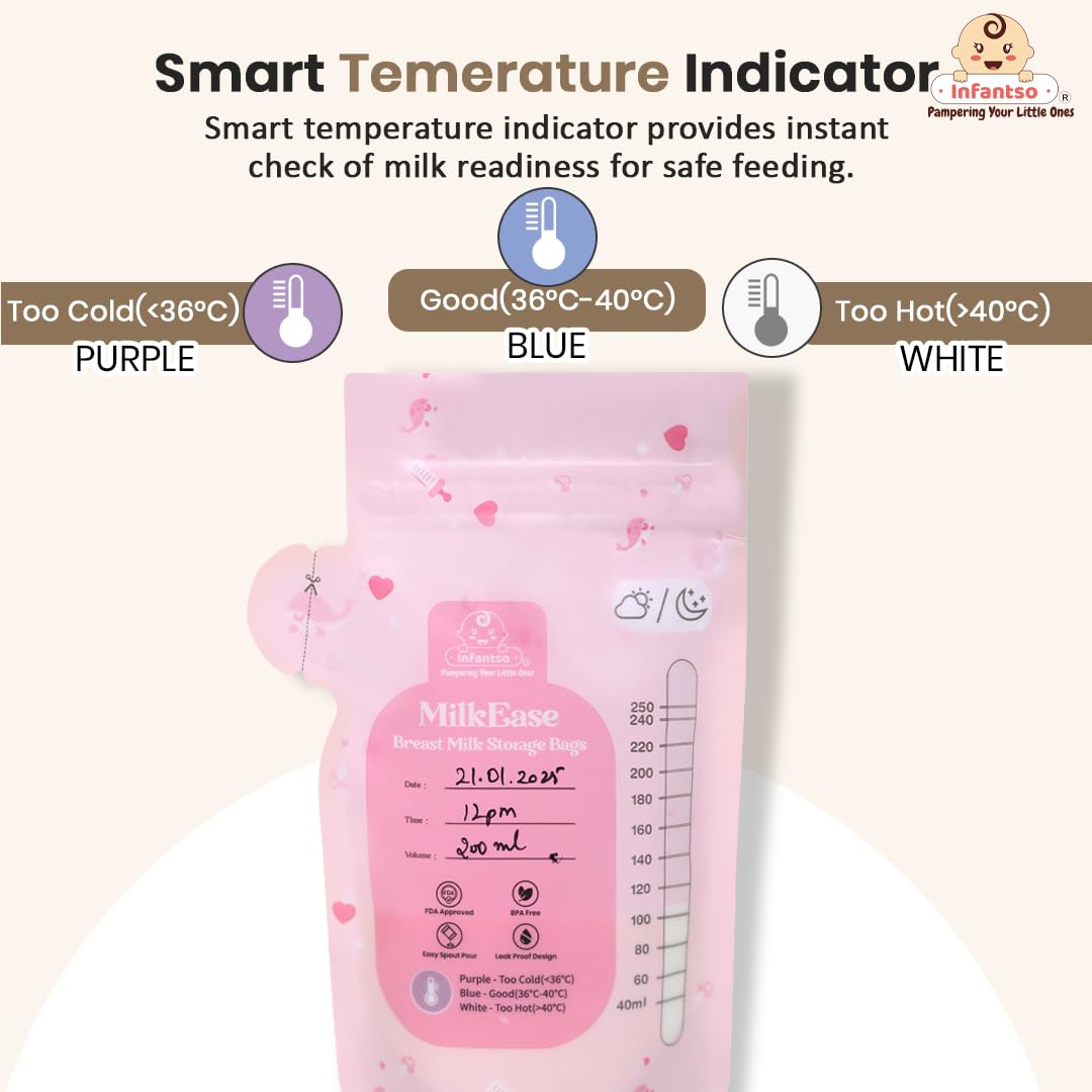 Infantso MILK EASE Breast Milk Storage Bags (Pack of 25 x 250 ml) with Smart Temperature Sensor, BPA Free Pre-Sterilized, Leak Proof Dual Zip Lock Disposable Milk Storage Pouch for Freezer & Feeding - Milk Freezer Bags for Breast Feeding 3