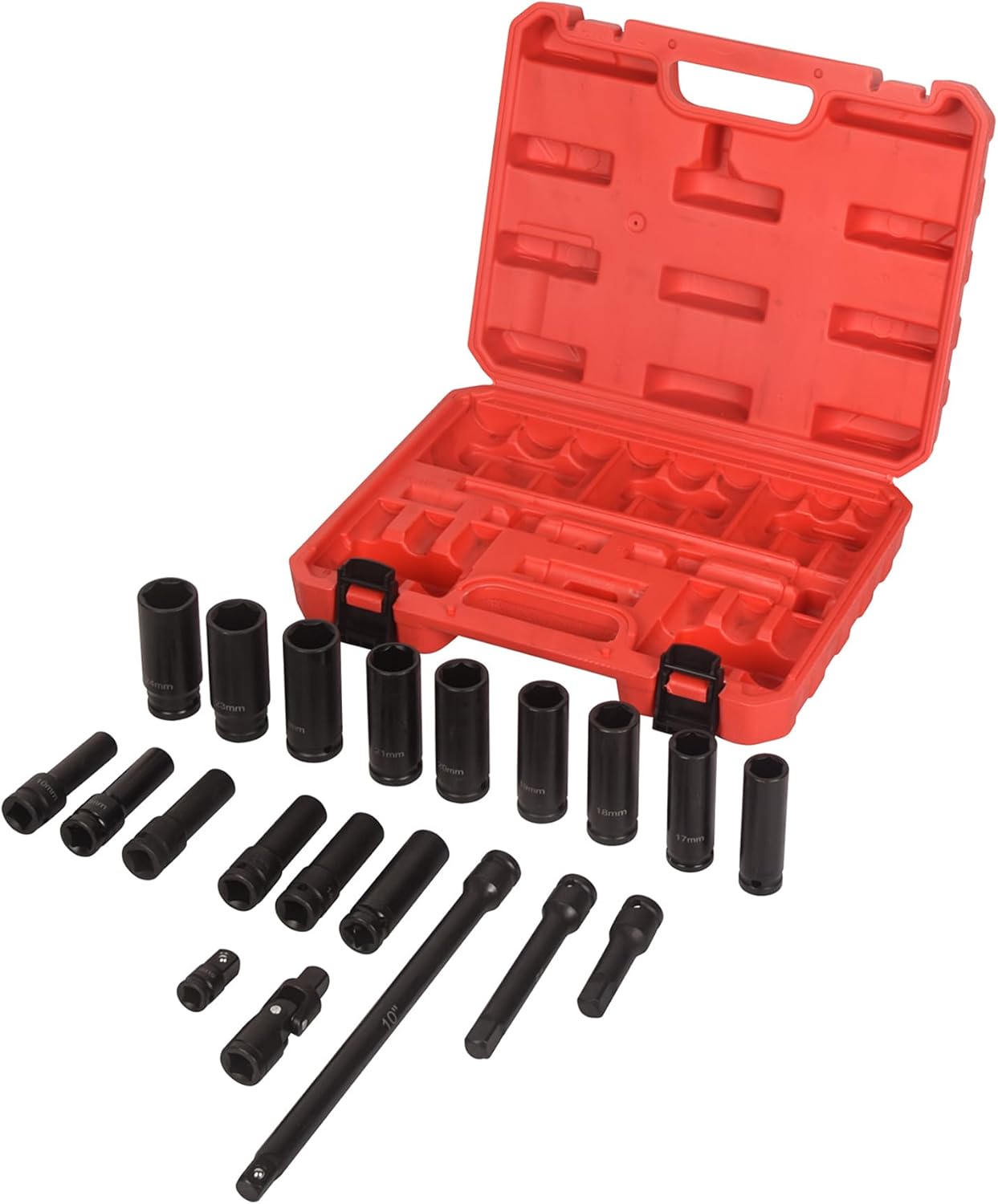 1/2" Drive Deep Impact Socket Set, 20Pcs Socket Set, 3”,5”,10” Extension Bars,3/8" to 1/2" Universal Joint, for use in all types of automotive or mechanical equipment