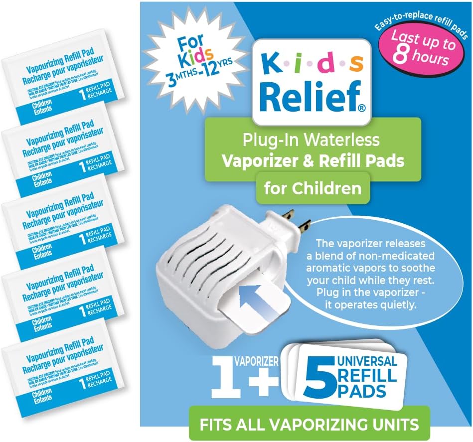 Vaporizer Waterless Kids Relief com 5 Refil Pad de Aromaterapia Mentol Eucalipto Lavanda - Conforto Seguros e Sem Medicamentos