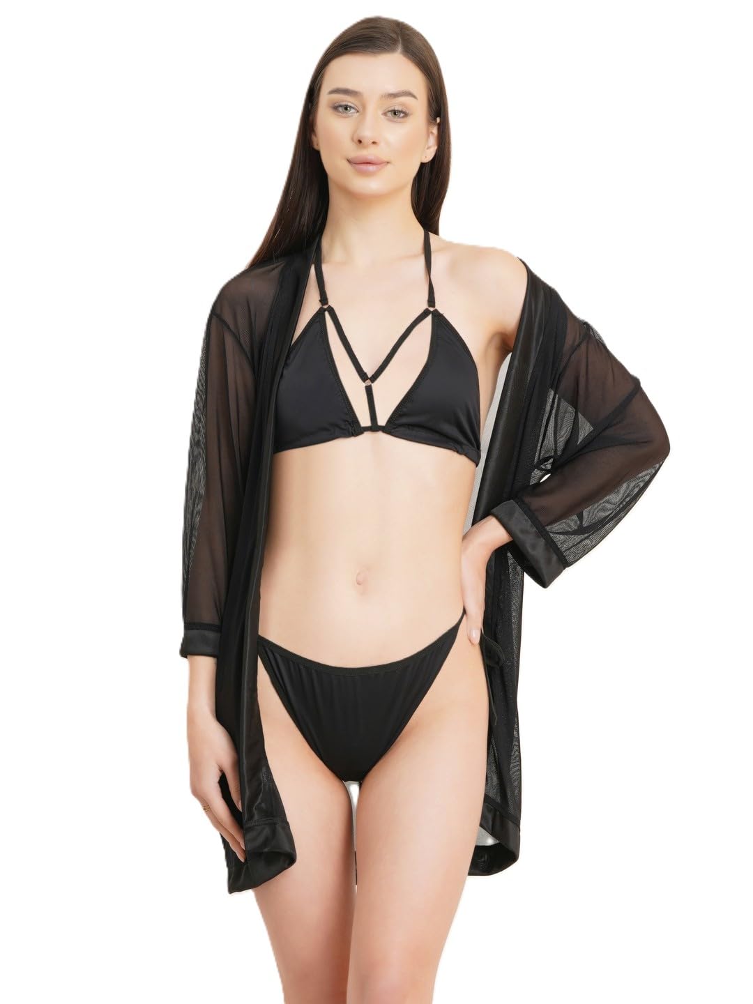 kapcha Women’s 3-Piece Black Nightwear Set – Strappy Bra, Panty & Sheer Robe – Sexy Lingerie Sleepwear for Women & Honeymoon Nightdress- Free Size-picture-29