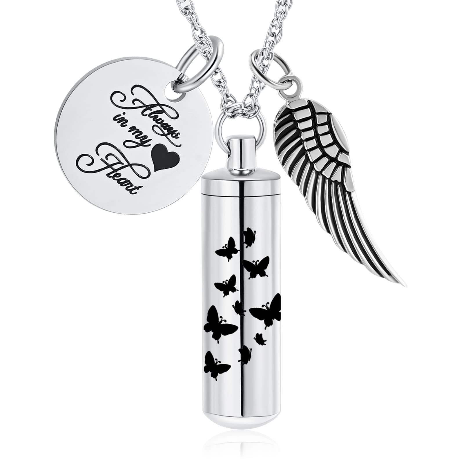 shajwoCylinder Urn Ashes Necklace for Women Men Butterfly Cremation Jewelry Ash Loved One Memorial Angel Wing Pendant