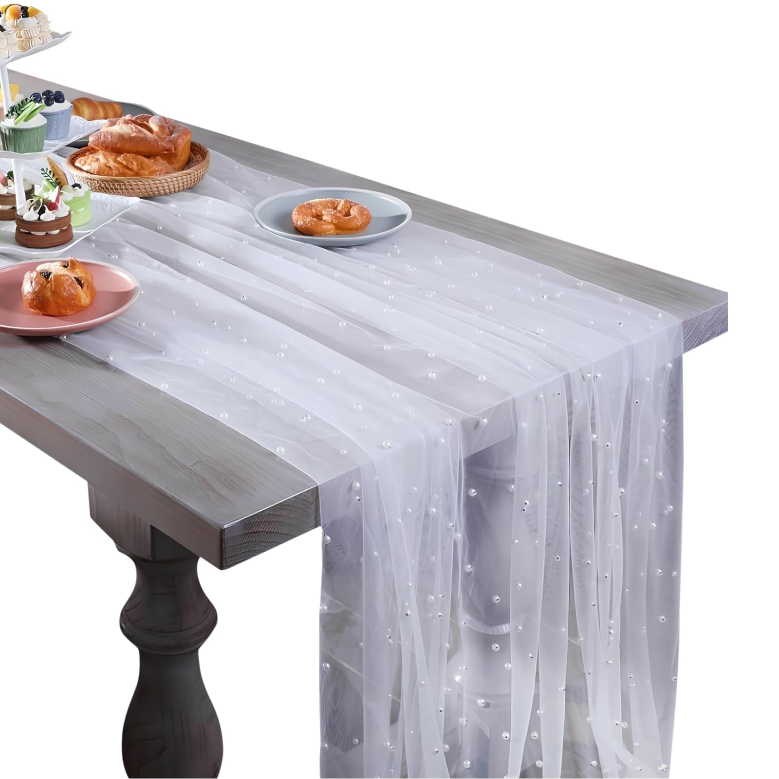 Merzio Pearl White Table Runner 300cm, Elegant Wedding Table Decorations with Pearls and Tulle, Sheer Lace Table Runner for Dining Table, Bridal Shower, Birthday Party, Arch Decor, Boho Rustic Style