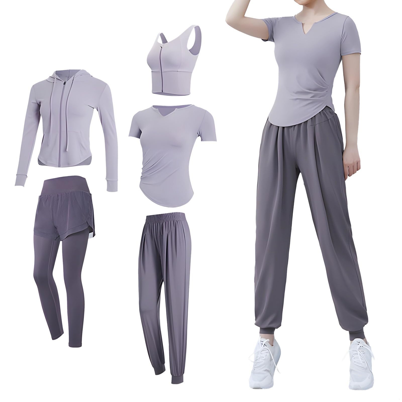 Conjunto de yoga y entrenamiento de 5 piezas para mujer, ropa deportiva atlética, manga larga y corta, color negro, tela transpirable, talla XXL para 135-150 libras, gris, Talla única