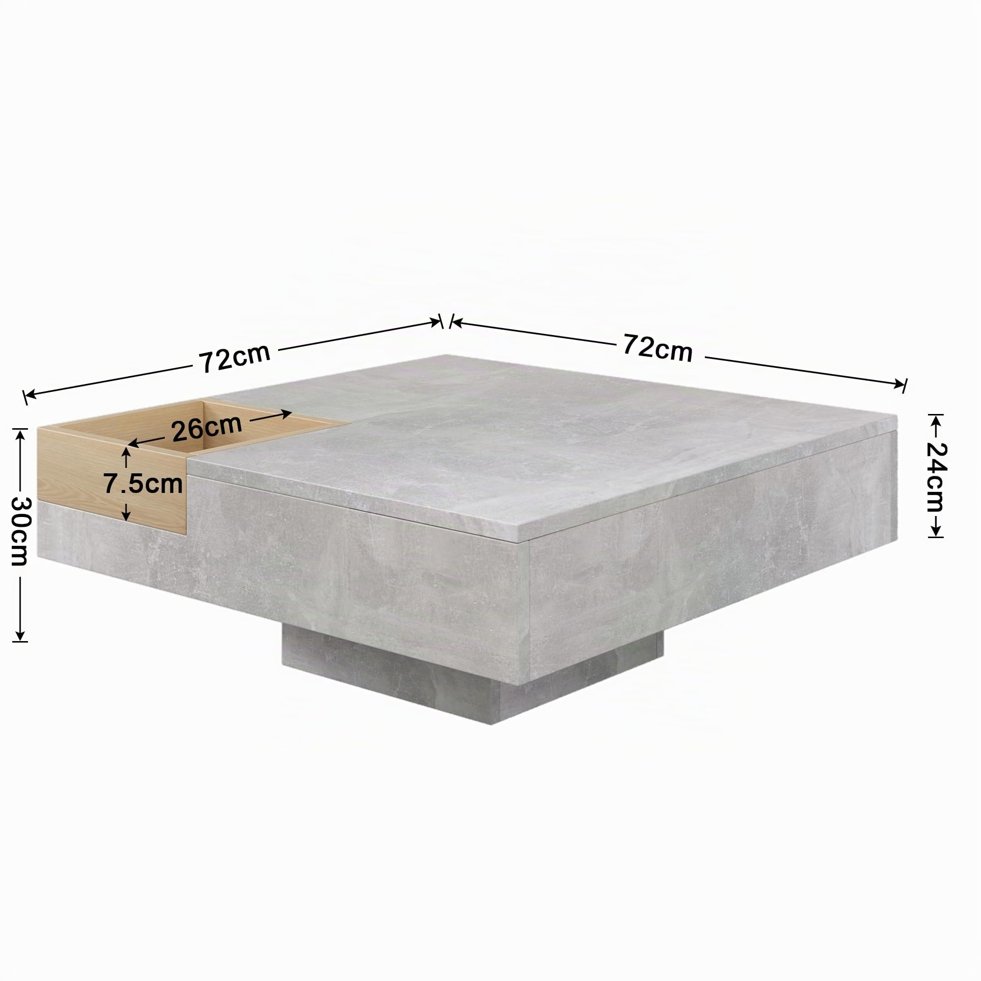 Mesa de centro para salón, mesa auxiliar con caja de almacenamiento extraíble, 72 x 72 x 30 cm (gris hormigón + color madera)