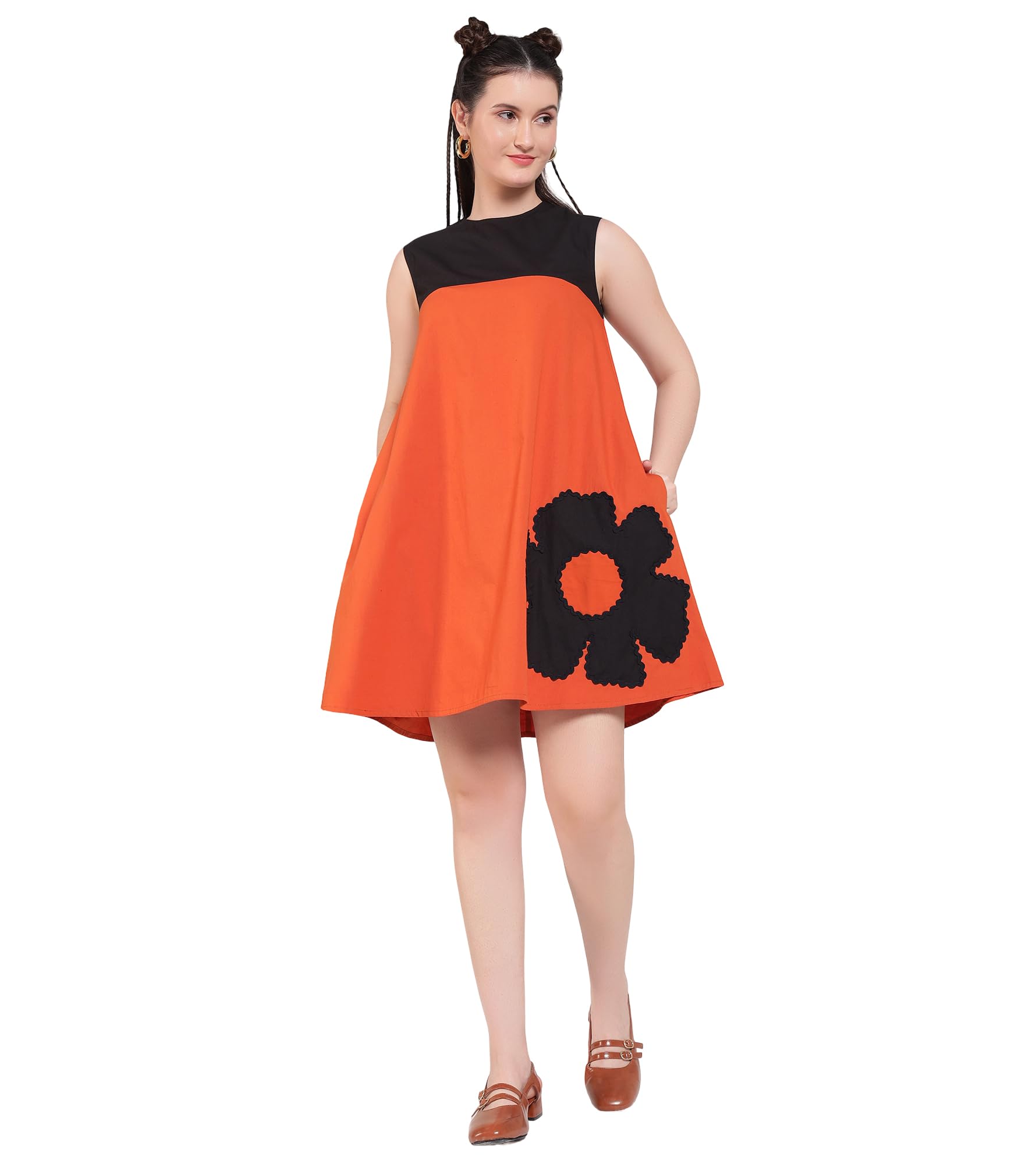 Solid Cotton Embroidered Patch Work A-Line Dress for Women's|Round Neck Sleeveless Loose Fit Above Knee Length|Summer Western Party Casual Wear Trendy Dress for Ladies-image-34