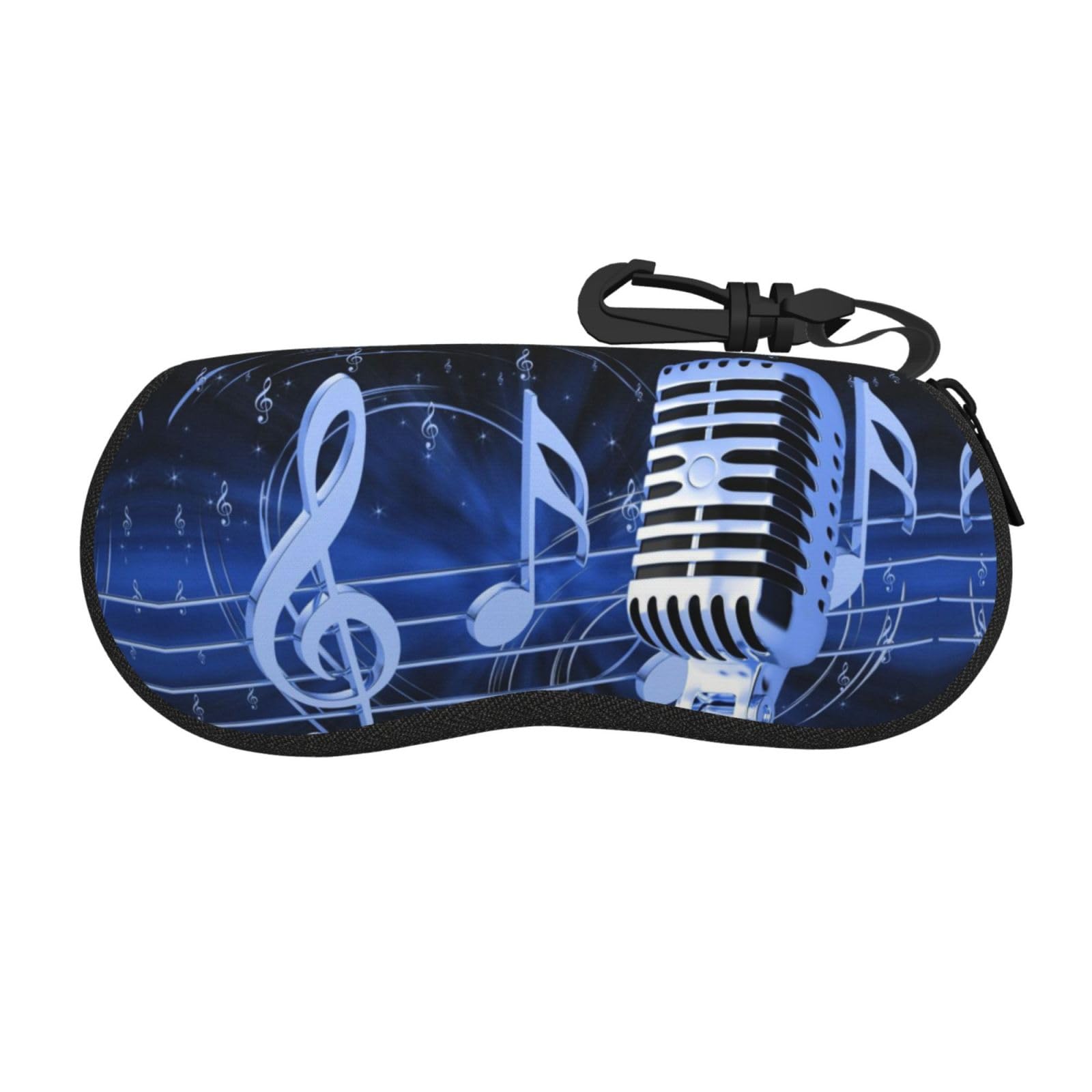 EZDLOWVBA Microphone With Music Notes Print Eyeglass Case Sunglasses Soft Pouch With Belt Clip Ultra Light Neoprene Zipper Eyeglass Case Portable Travel Glasses Casefor Men & Women