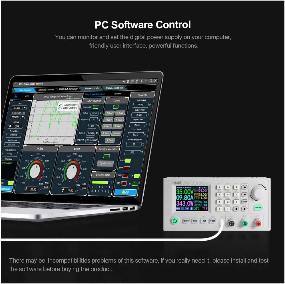 Irfora RD6018 18A Constant-Vole and Constant-Current Direct-Current Power-ply Module Keypad PC Software WiFi Phone App Control with Firmware Update Function