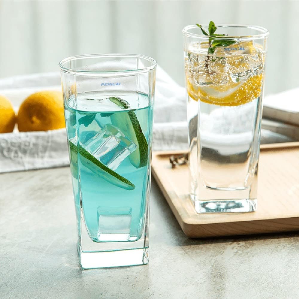 Square Highball Glasses - 300 ml Set of 6 Drinking Glasses for Water and Juice Glass Transparent Long Glass