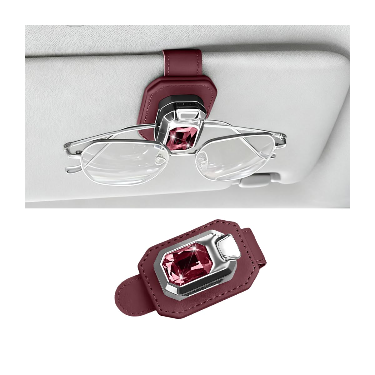 Bling Sunglasses Holders for Car Visor, Crystal Rhinestone Leather One Handed Operation Vehicles Sun Visor Glasses Clip, Automotive Interior Ticket Card Clip, Universal Fit (Wine Red)